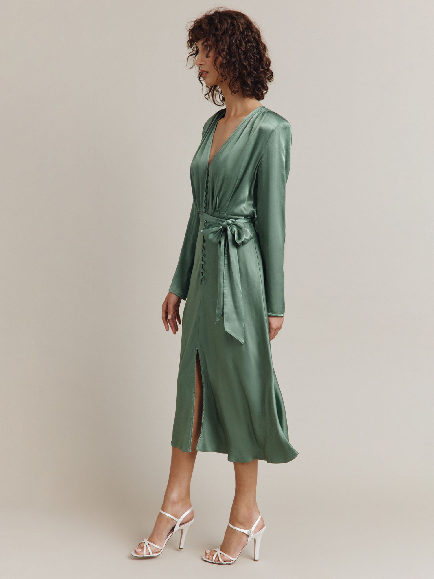 Ghost Meryl Satin Button Dress, Antique Green at John Lewis & Partners