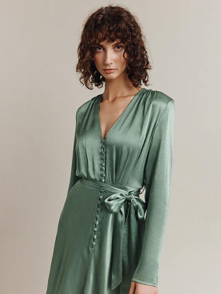 Ghost Meryl Satin Button Dress, Antique Green