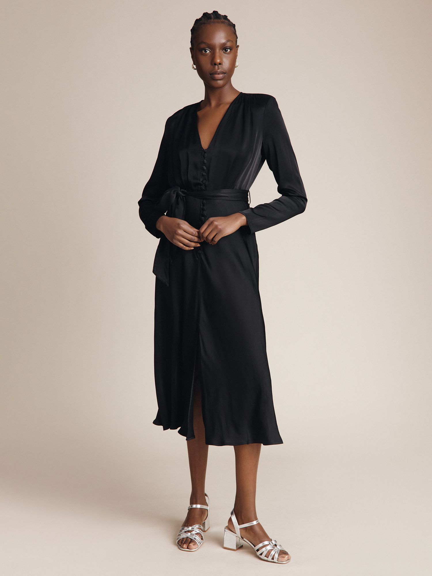 Ghost Meryl Satin Midi Dress, Black at John Lewis & Partners