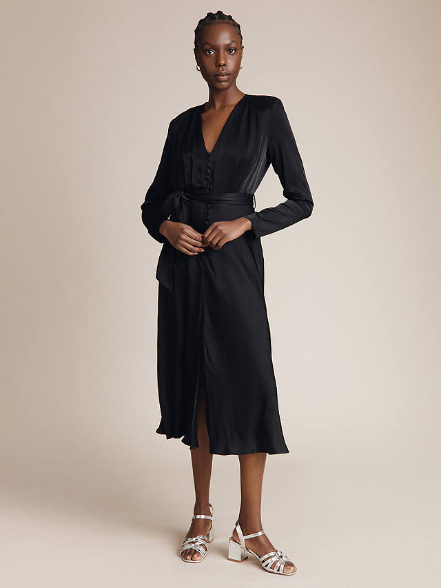 Ghost Meryl Satin Midi Dress, Black at John Lewis & Partners