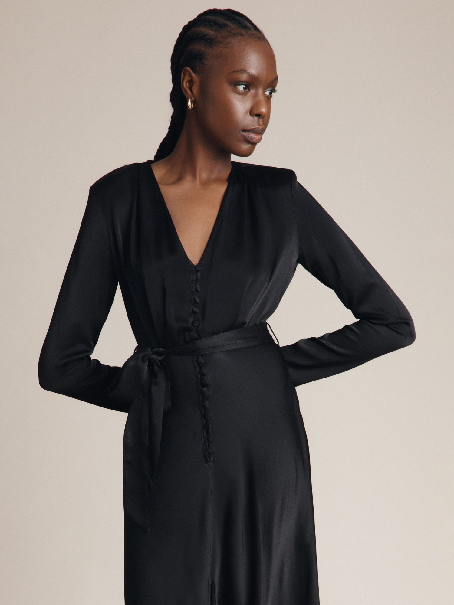 Fabulous Encounters Black Satin Long Sleeve Midi Dress