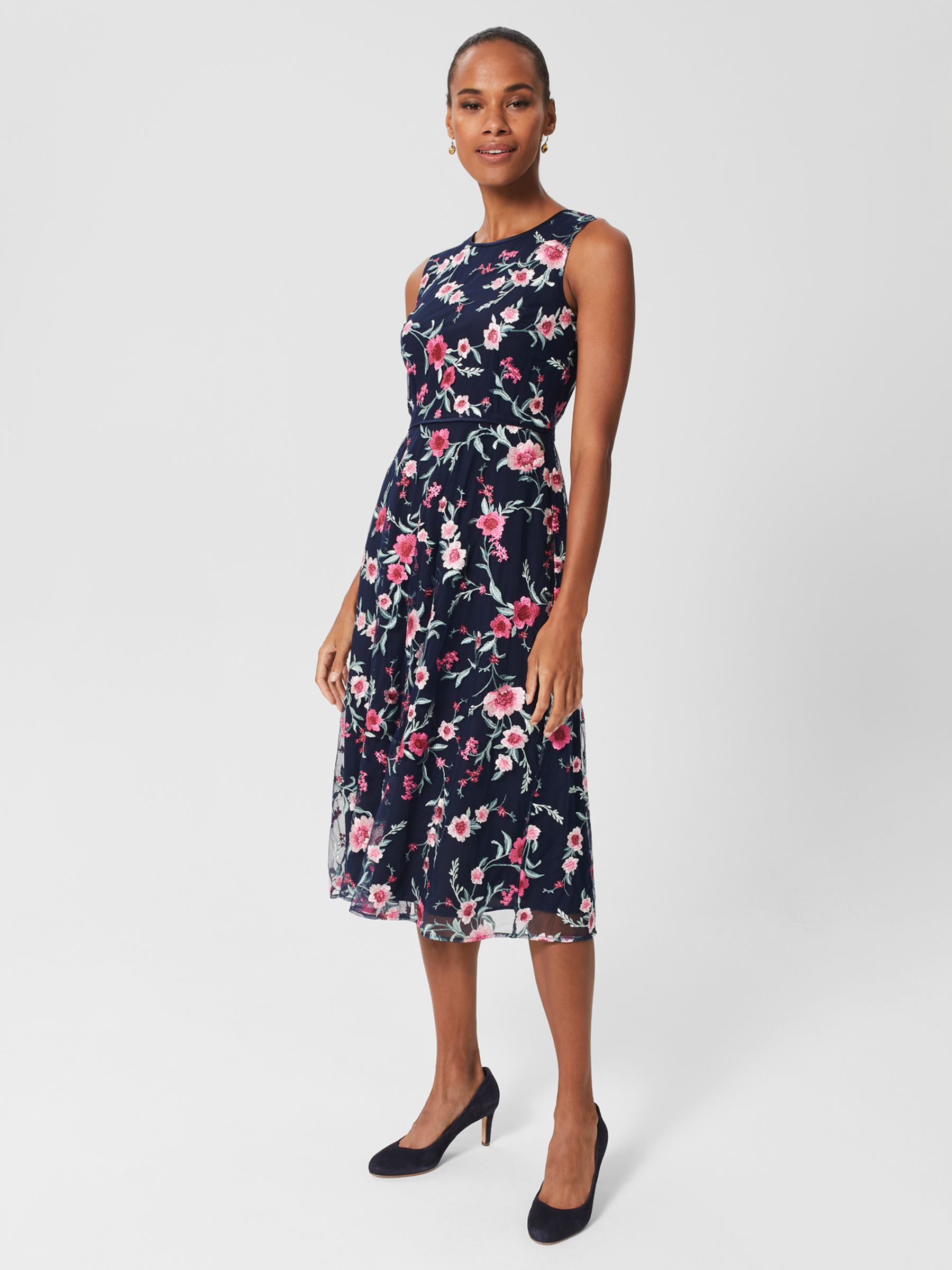 Hobbs Rosella Floral Print Midi Dress, Navy/Pink at John Lewis & Partners
