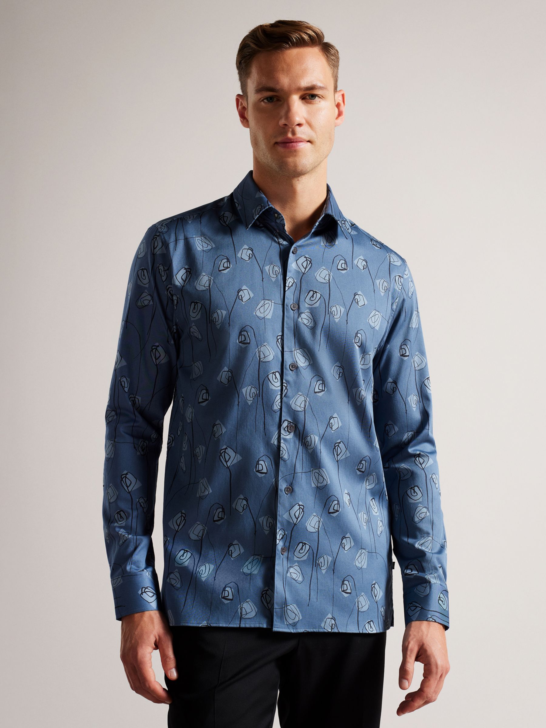 Ted Baker Frith Abstract Flower Print Shirt, Mid Blue at John Lewis ...