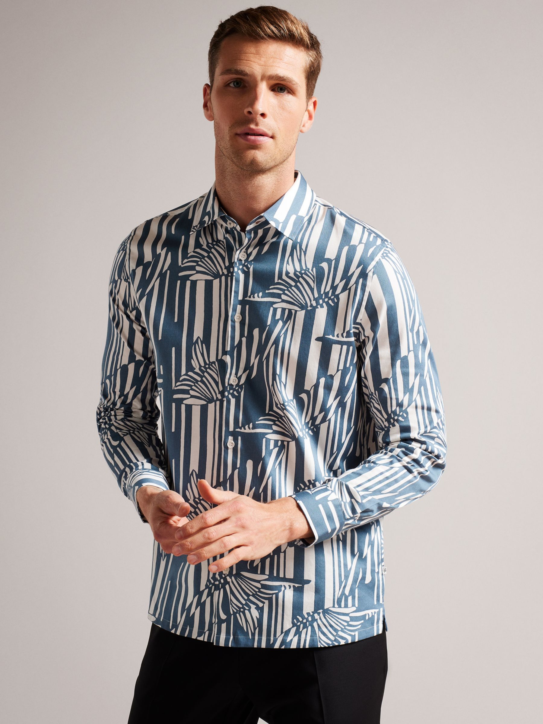 Ted Baker Chorley Long Sleeve Butterfly Stripe Print Shirt, Blue