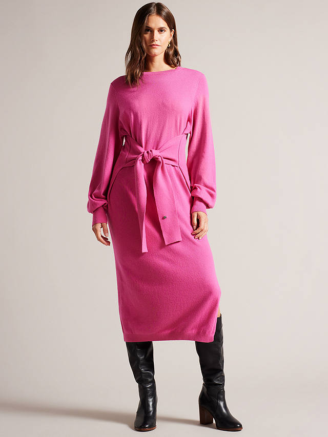 Ted Baker Essya Slouchy Tie Front Knit Midi Dress, Bright Pink
