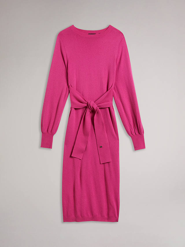 Ted Baker Essya Slouchy Tie Front Knit Midi Dress, Bright Pink