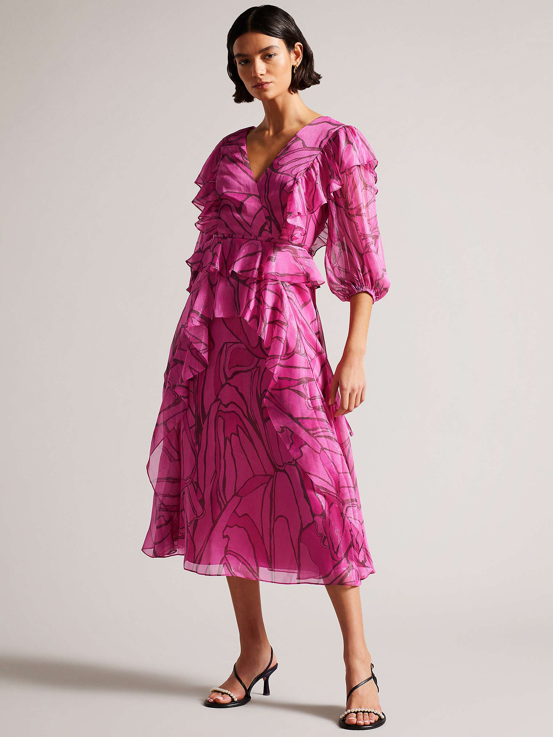 Buy Ted Baker Victoir Abstract Print Ruffle Detail Midi Dress, Pink Online at johnlewis.com