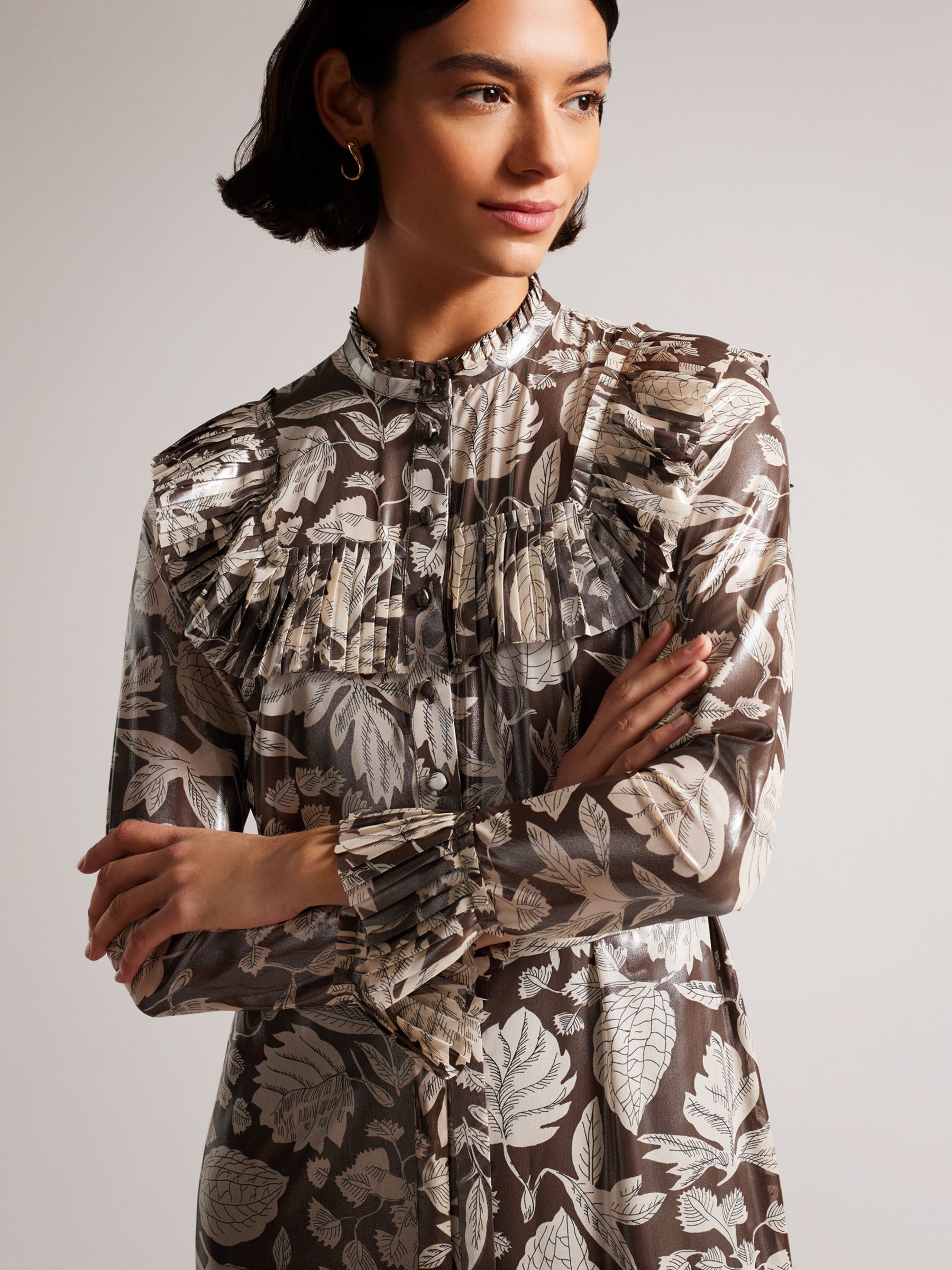Buy Ted Baker Vikkci Floral Print Midi Shirt Dress, Dark Brown Online at johnlewis.com