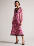Ted Baker Izobele Long Sleeve Lace Trim Midi Dress, Bright Pink