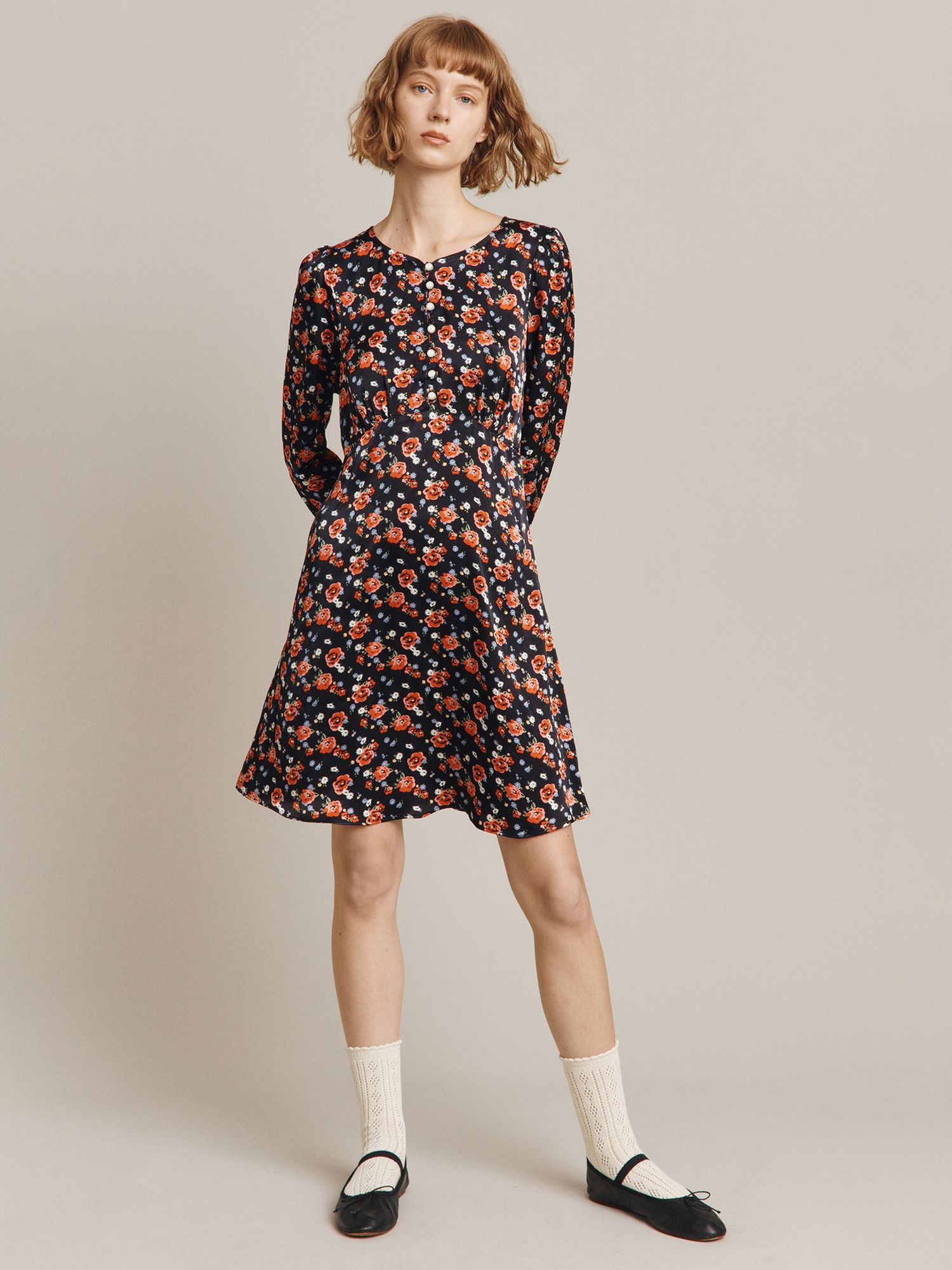 Ghost Emmy Floral Print Satin Dress, Red/Multi at John Lewis & Partners