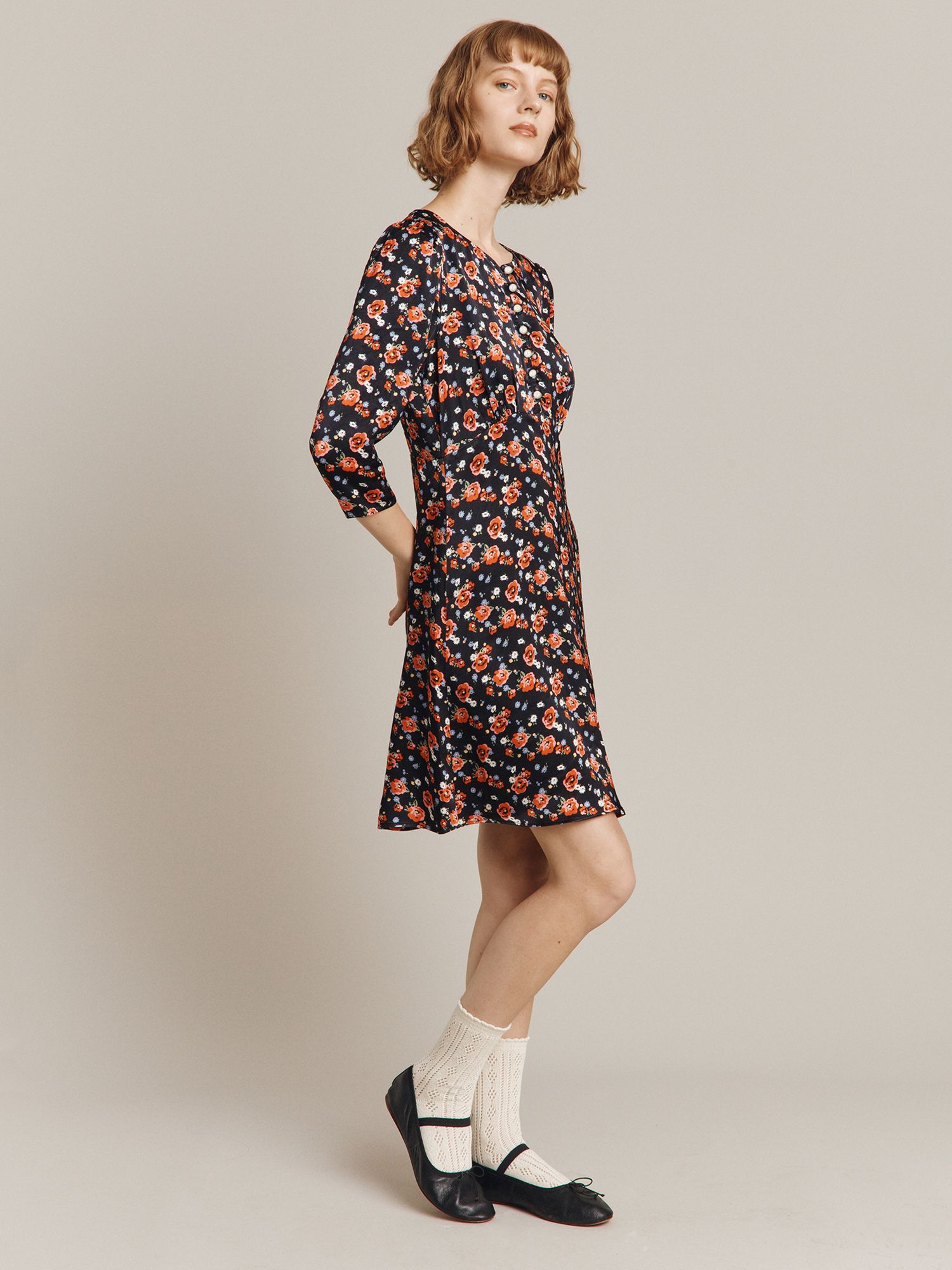 Ghost Emmy Floral Print Satin Dress, Red/Multi at John Lewis & Partners