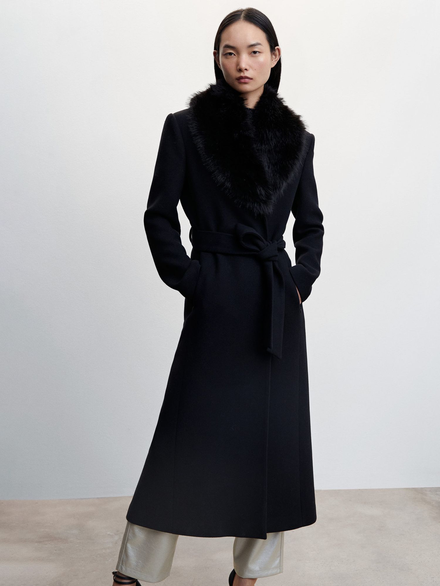 Mango Faux Fur Collar Belted Coat, Black, XXS
