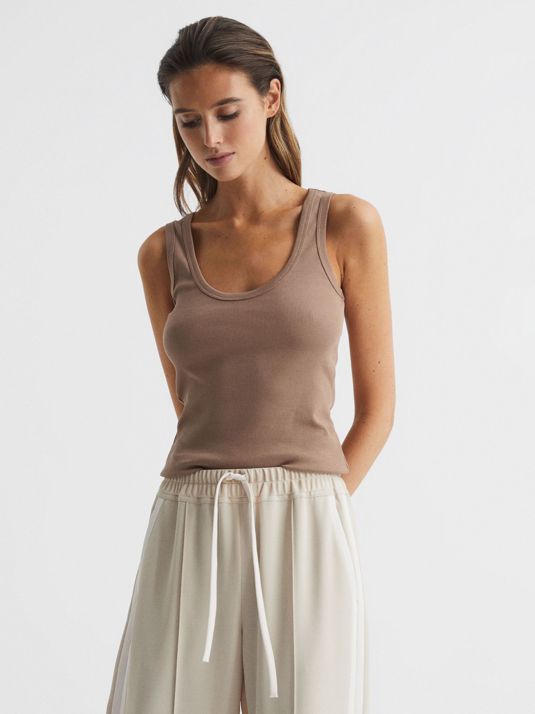 TOPSHOP **Deep V Vest Top by Glamorous Petites ($32) ❤ liked on Polyvore  featuring tops, petite, tan, brown tank, brown t…