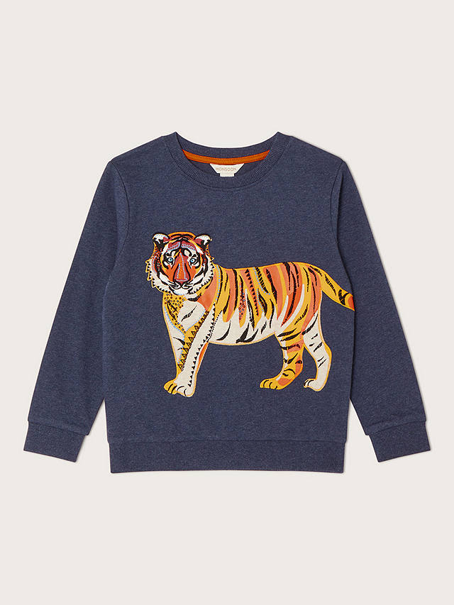 Monsoon Kids' WWF Organic Cotton Appliqué Tiger Crew Neck Sweatshirt, Blue