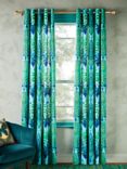 John Lewis + Matthew Williamson Peacock Ikat Pair Lined Eyelet Curtains, Blue