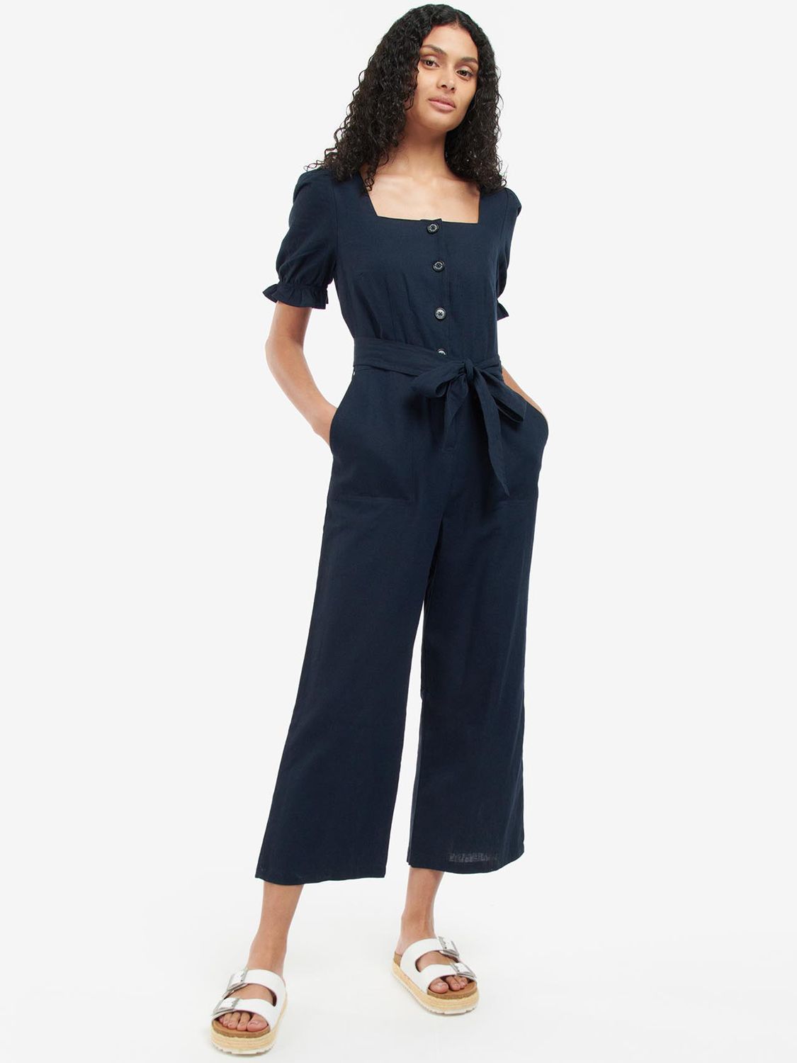 Barbour Leilani Linen Blend Jumpsuit, Navy at John Lewis & Partners