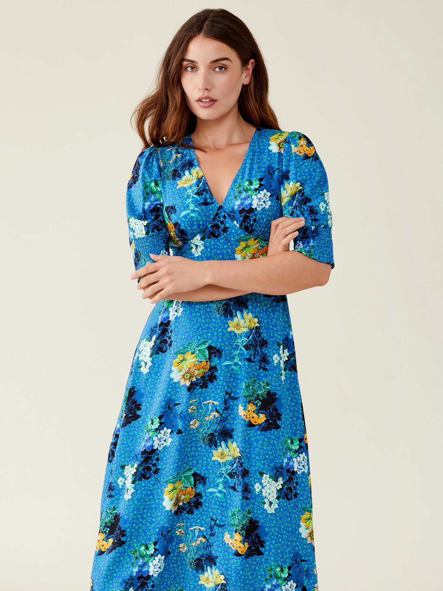 Finery Deena Floral Midi Dress, Cobalt/Multi at John Lewis & Partners