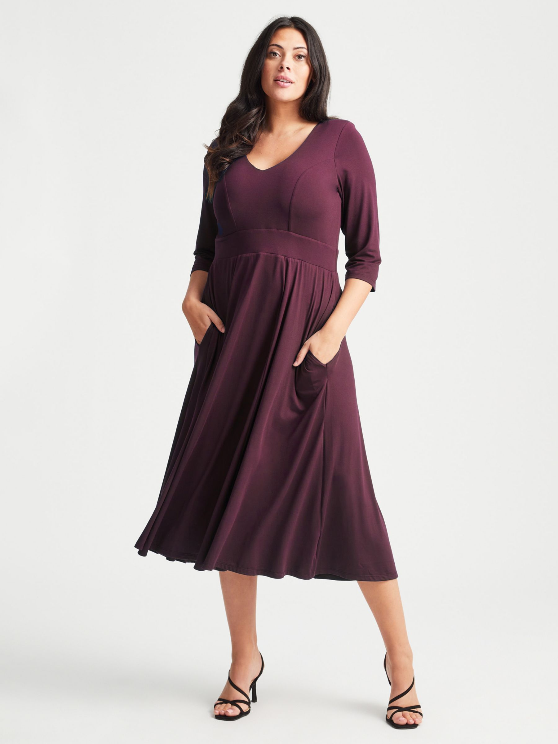 Scarlett & Jo V Neck Fit and Flare Mid Dress, Wine at John Lewis & Partners