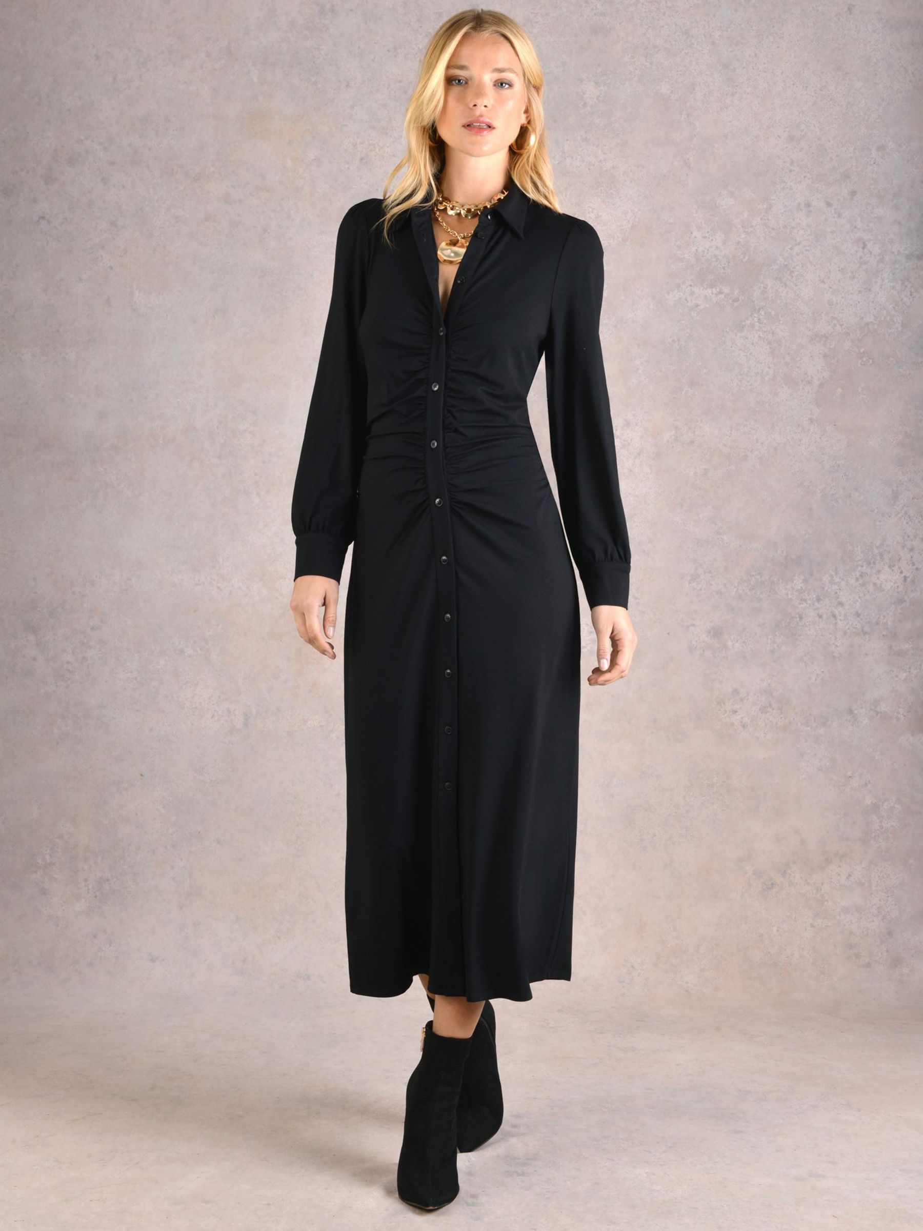 Ro&Zo Ruched Front Jersey Shirt Dress, Black at John Lewis & Partners