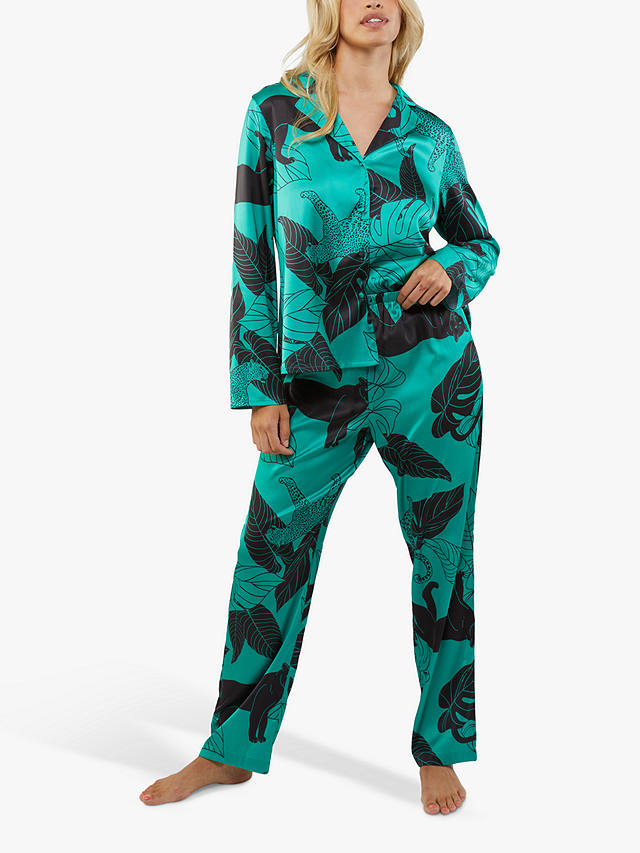 Wolf & Whistle Panther Print Satin Pyjama Set, Green