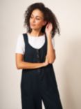 White Stuff Viola Linen Cropped Dungarees, Pure Black