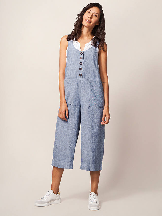 White Stuff Viola Linen Cropped Dungarees, Chambray Blue