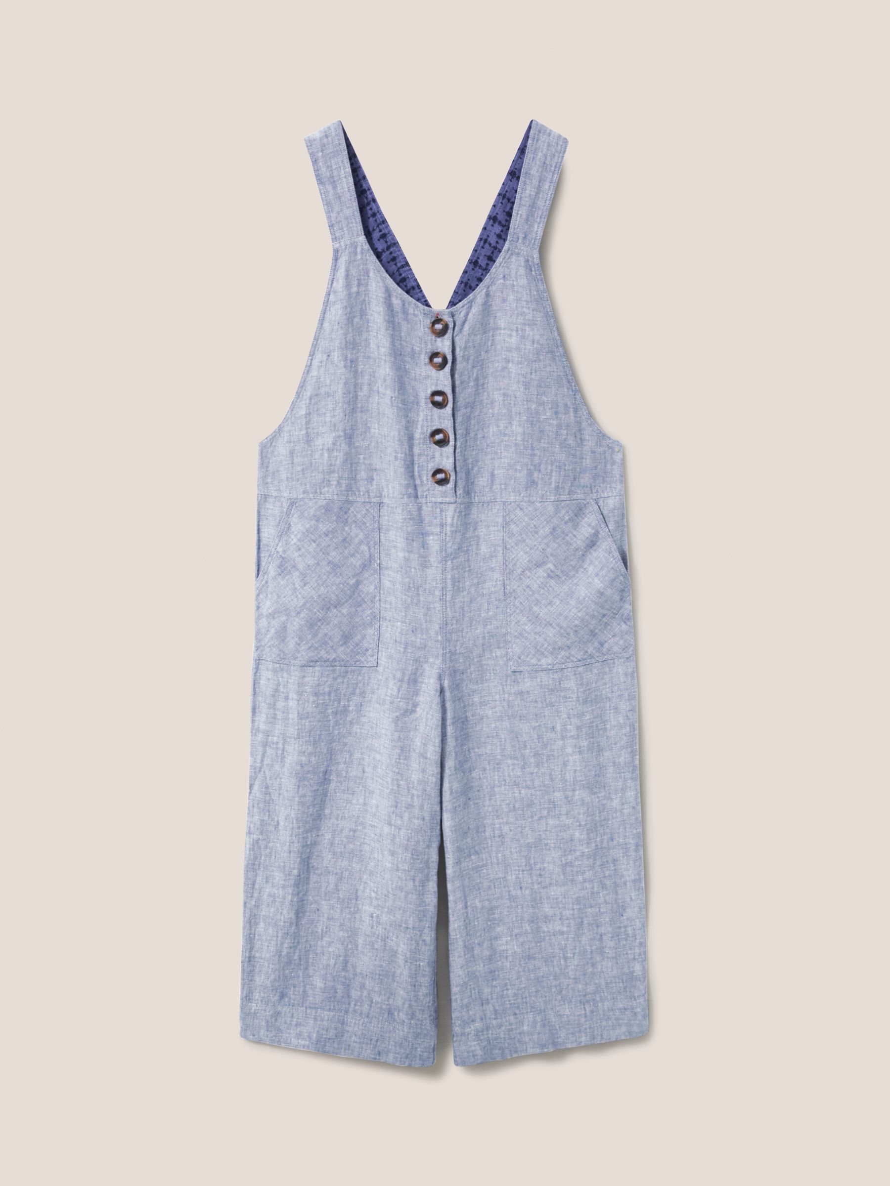 White Stuff Viola Linen Cropped Dungarees, Chambray Blue, 6