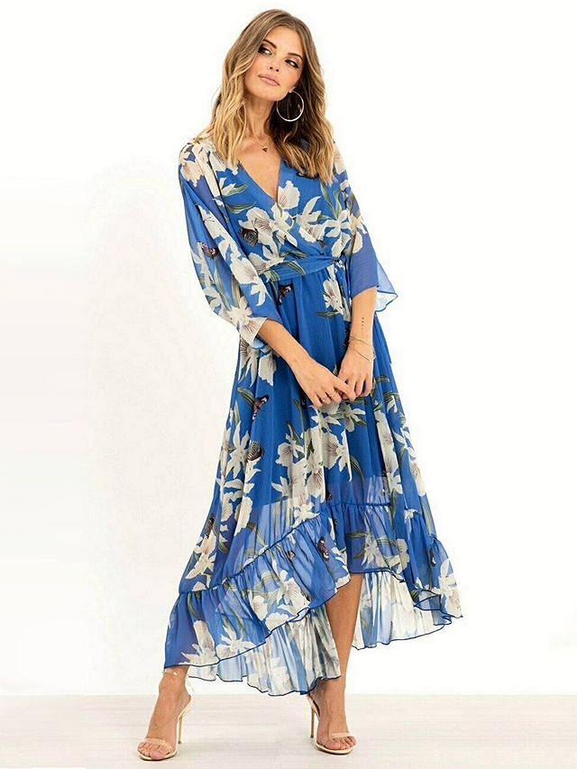 Urban Touch Floral Print Dipped Hem Midi Dress, Blue/Multi