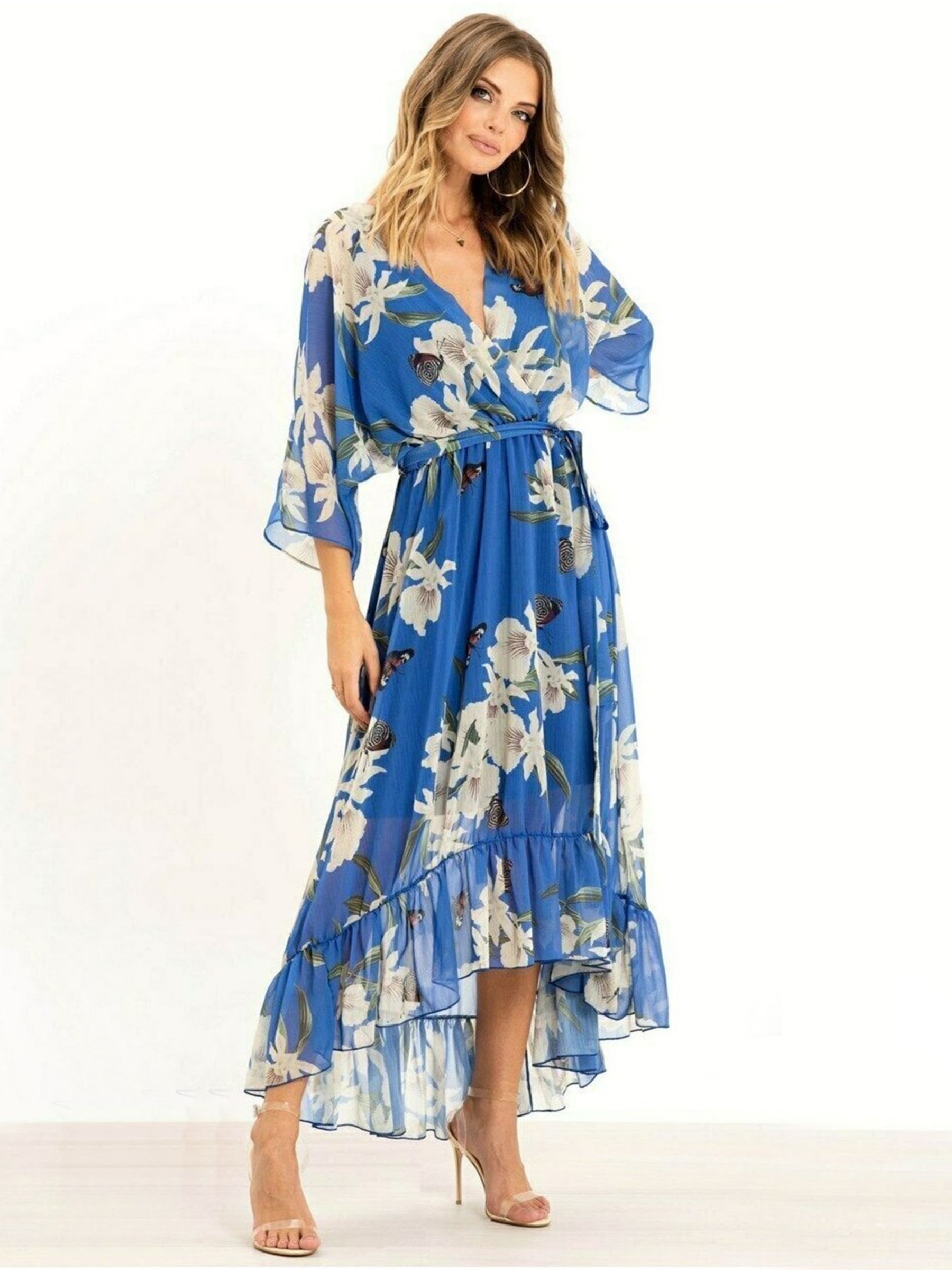 Urban Touch Floral Print Dipped Hem Midi Dress, Blue/Multi, 8