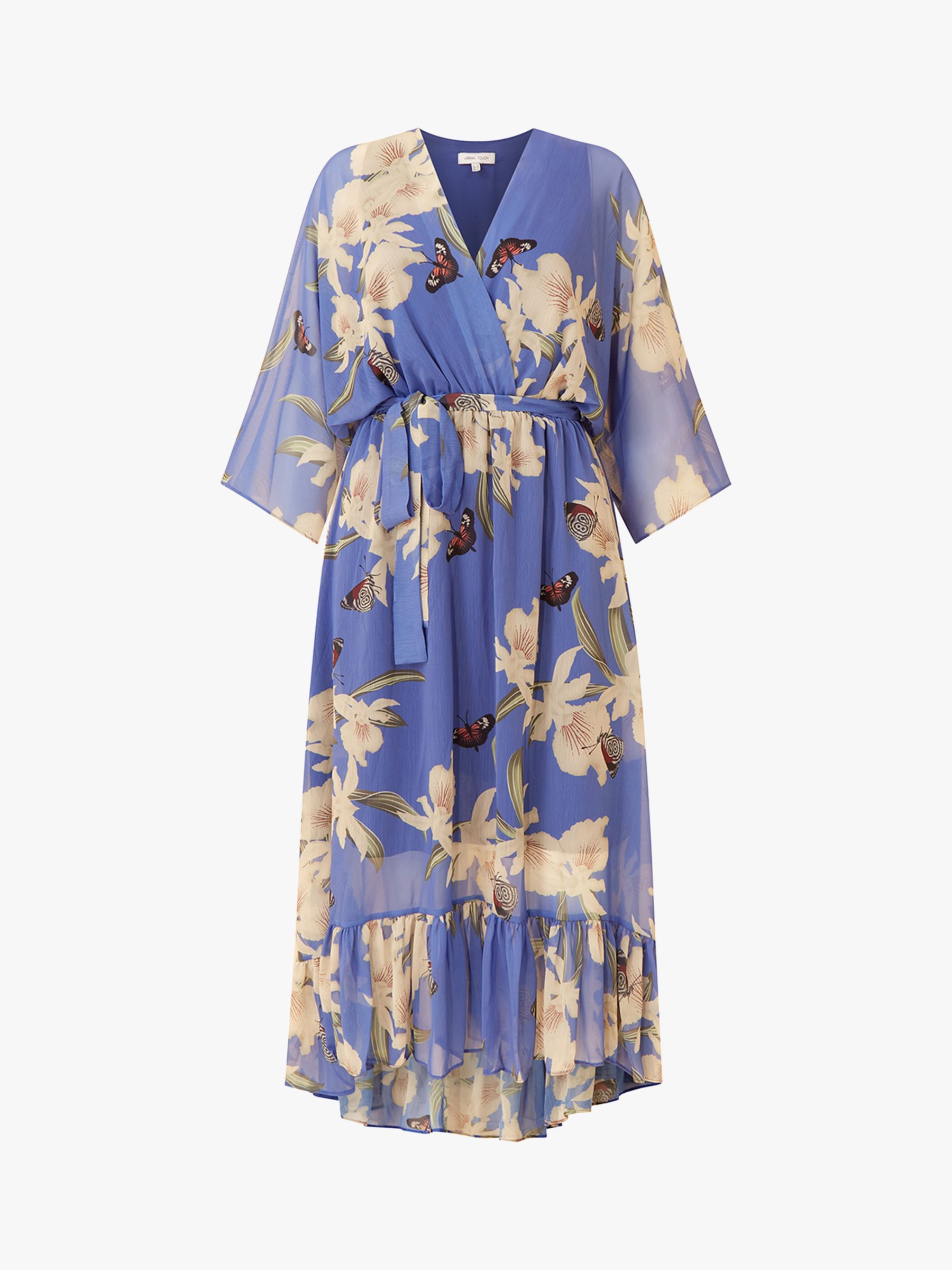 Urban Touch Floral Print Dipped Hem Midi Dress, Blue/Multi, 8