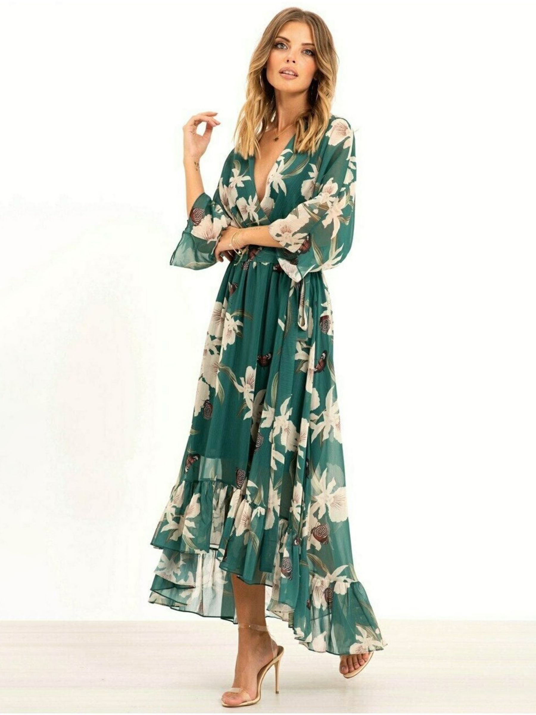 Urban Touch Floral Print Dipped Hem Midi Dress, Green/Multi, 8
