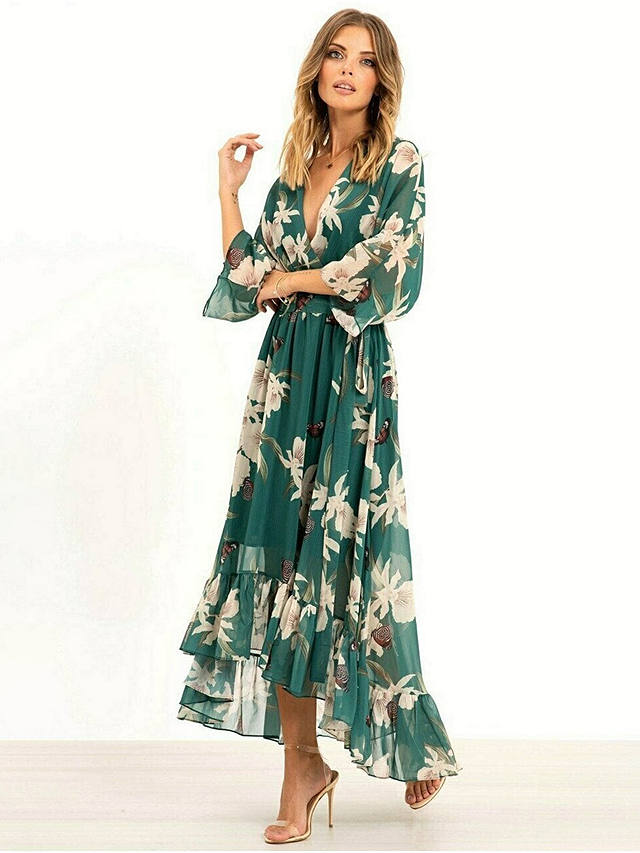Urban Touch Floral Print Dipped Hem Midi Dress, Green/Multi