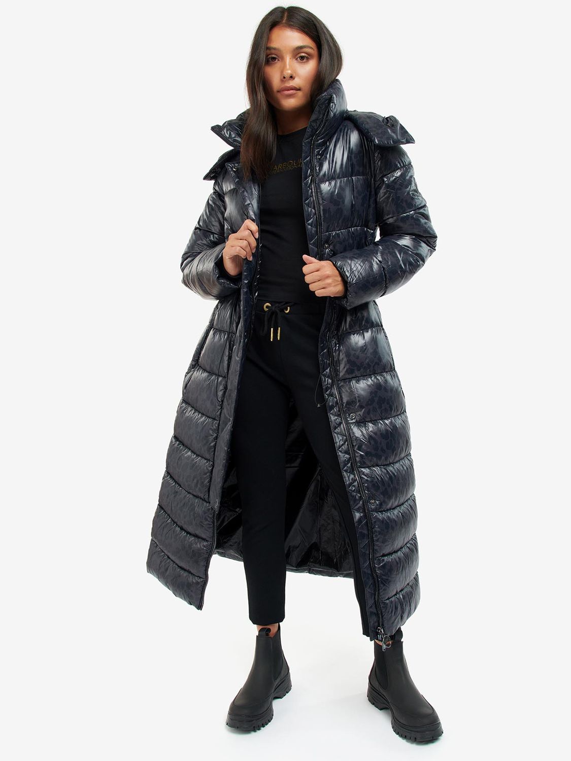 Barbour International Seoul Longline Quilted Hooded Coat, Black Leopard, 6