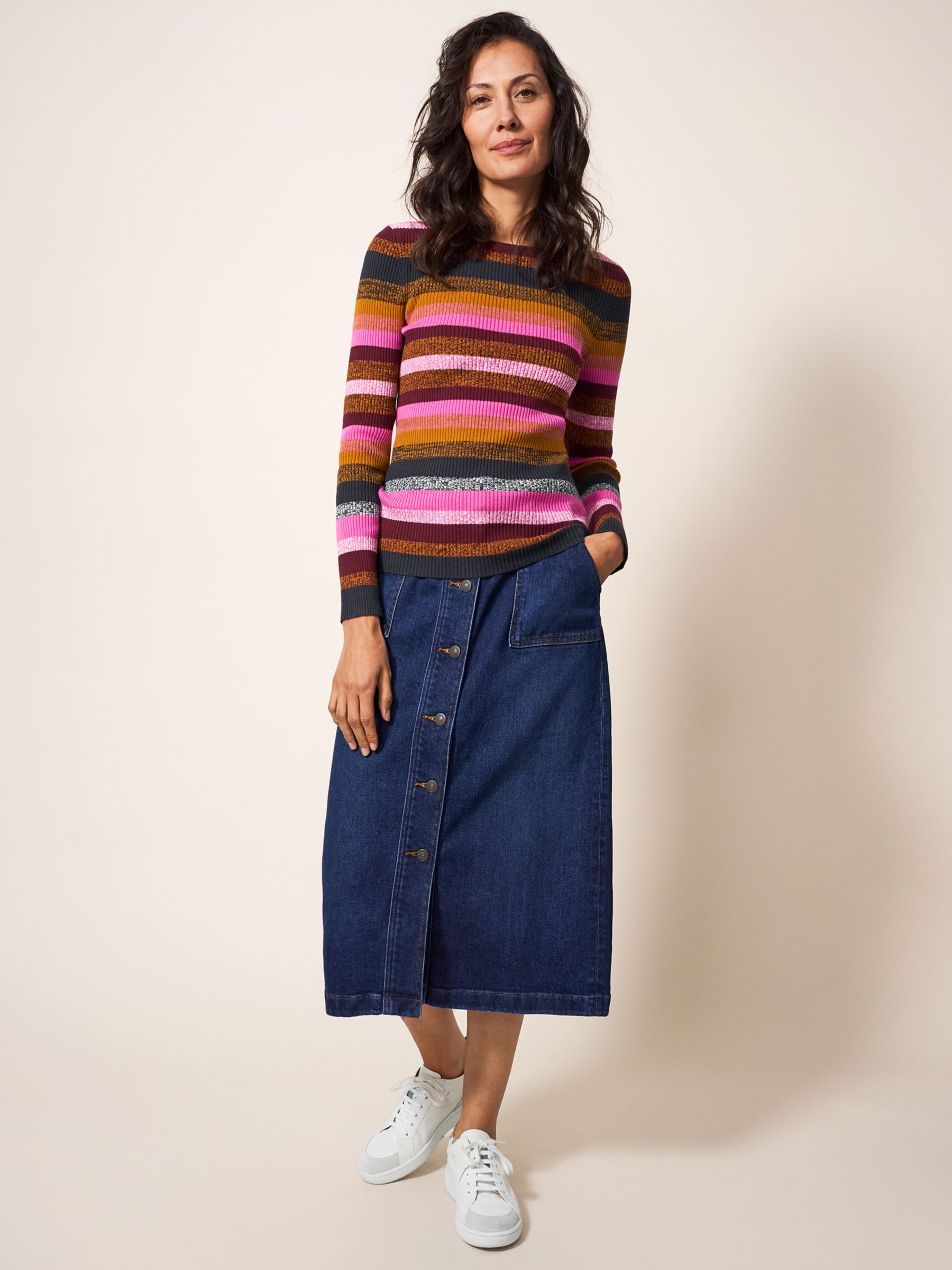 White Stuff Skinny Ribbed Stripe Jumper, Pink/Multi at John Lewis ...