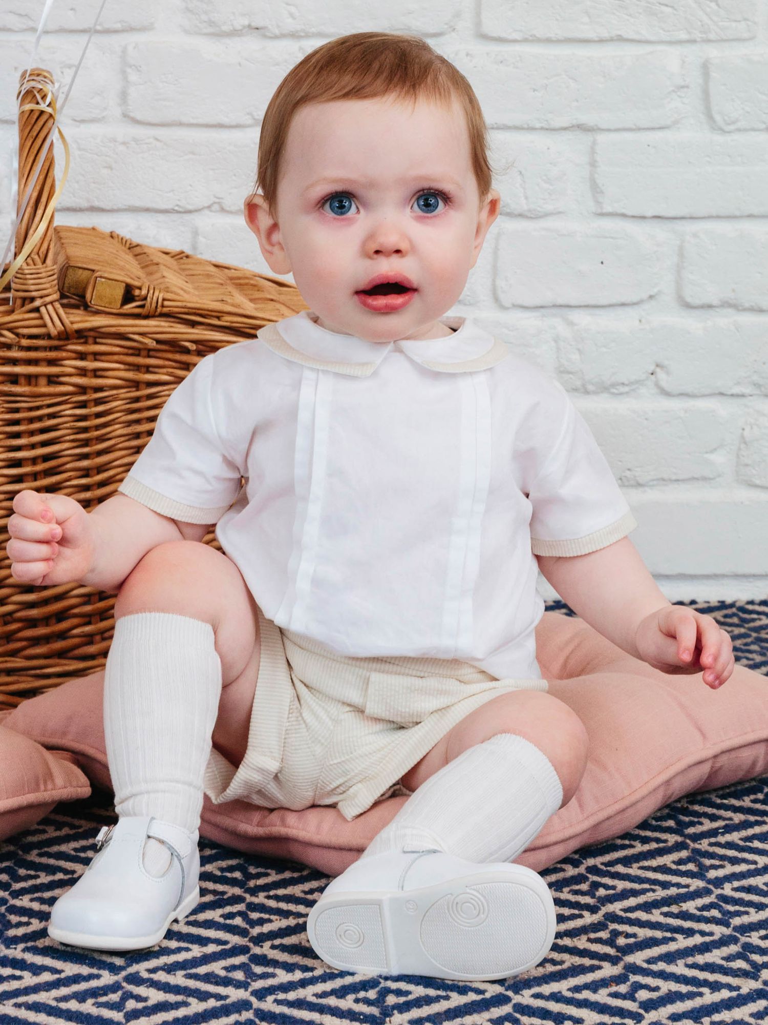 Trotters Kids' Rupert Short Sleeve Shirt & Shorts Set, Oatmeal/White, 3-6 months