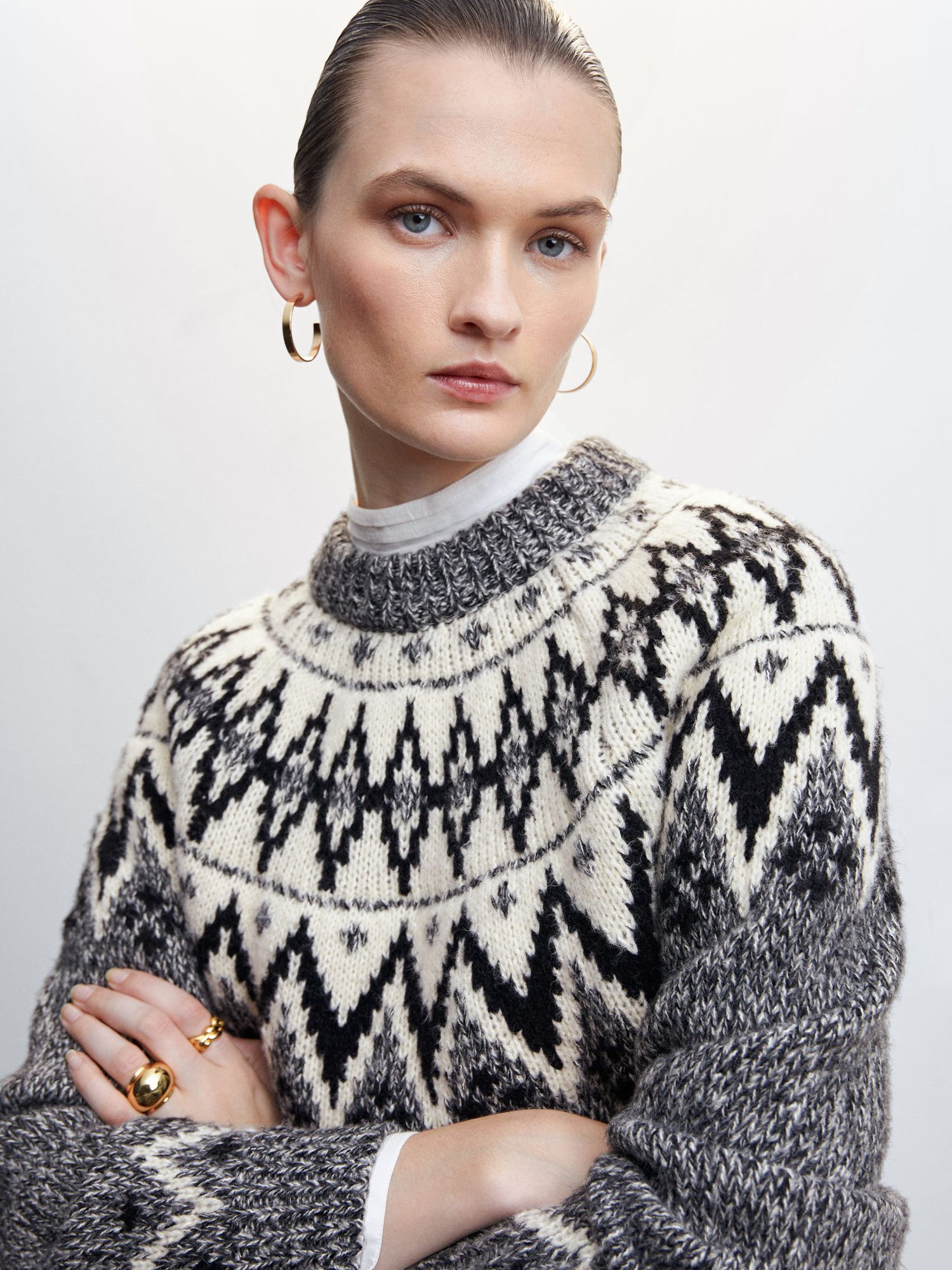 Mango Vintage Fair Isle Yoke Jumper, Dark Grey, M