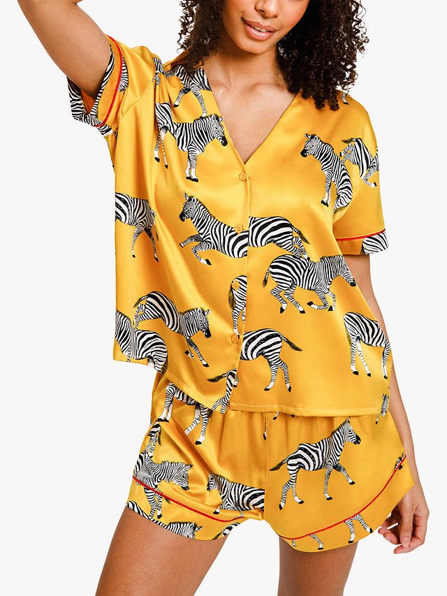 Chelsea Peers Zebra Print Satin Short Pyjama Set, Mustard