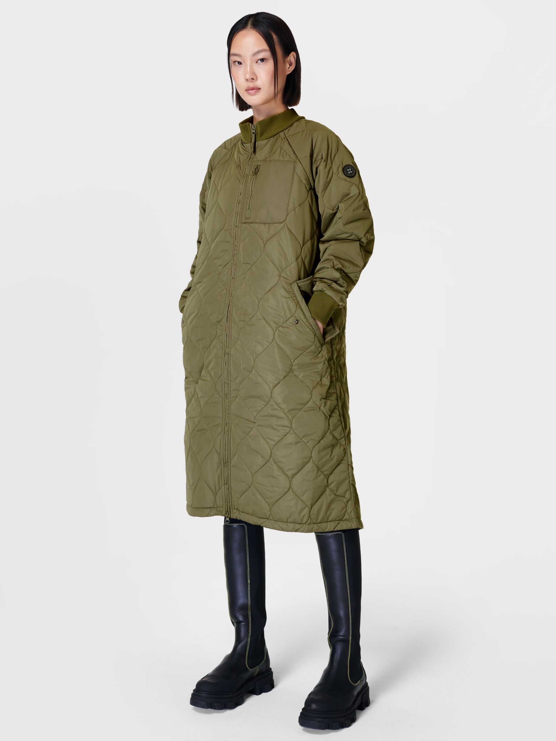 Sweaty Betty Quilted Longline Coat, Pine Green at John Lewis & Partners