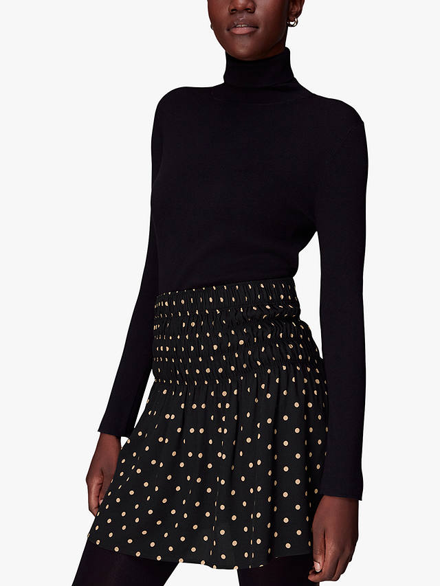 Whistles Polka Dot Shirred Mini Skirt, Black/Multi
