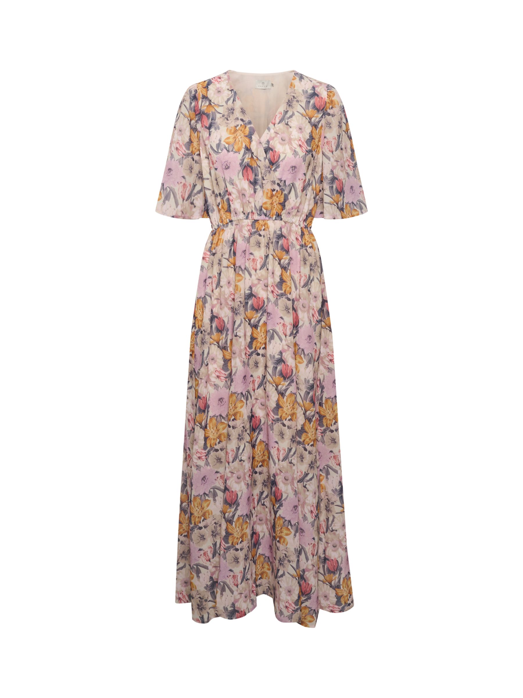 KAFFE Sorita Floral Print Short Sleeve Dress, Beige/Pink/Orange, 8