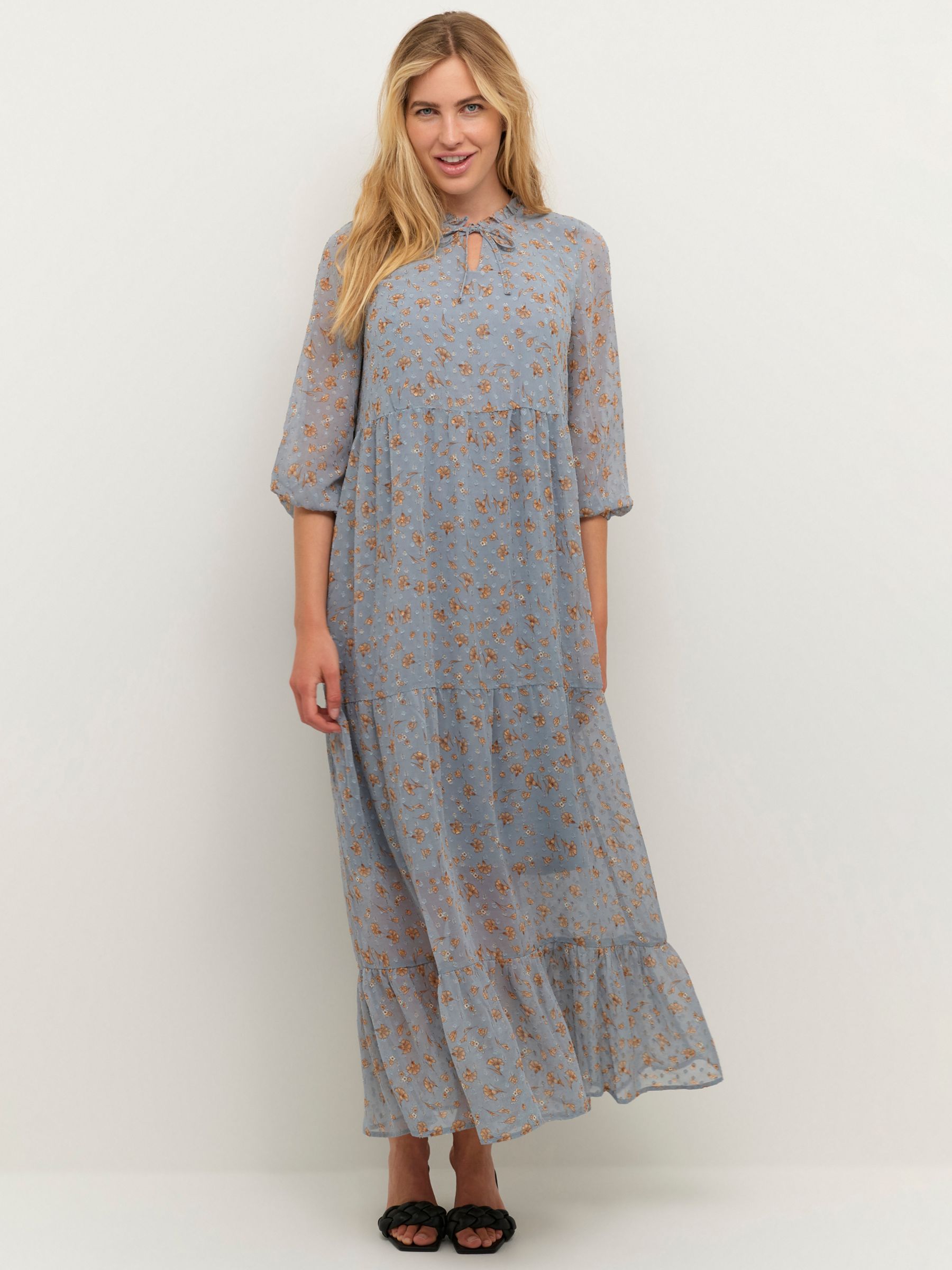 KAFFE Mimi Floral Print Three Quarter Sleeve Maxi Dress, Blue/Gold, 8