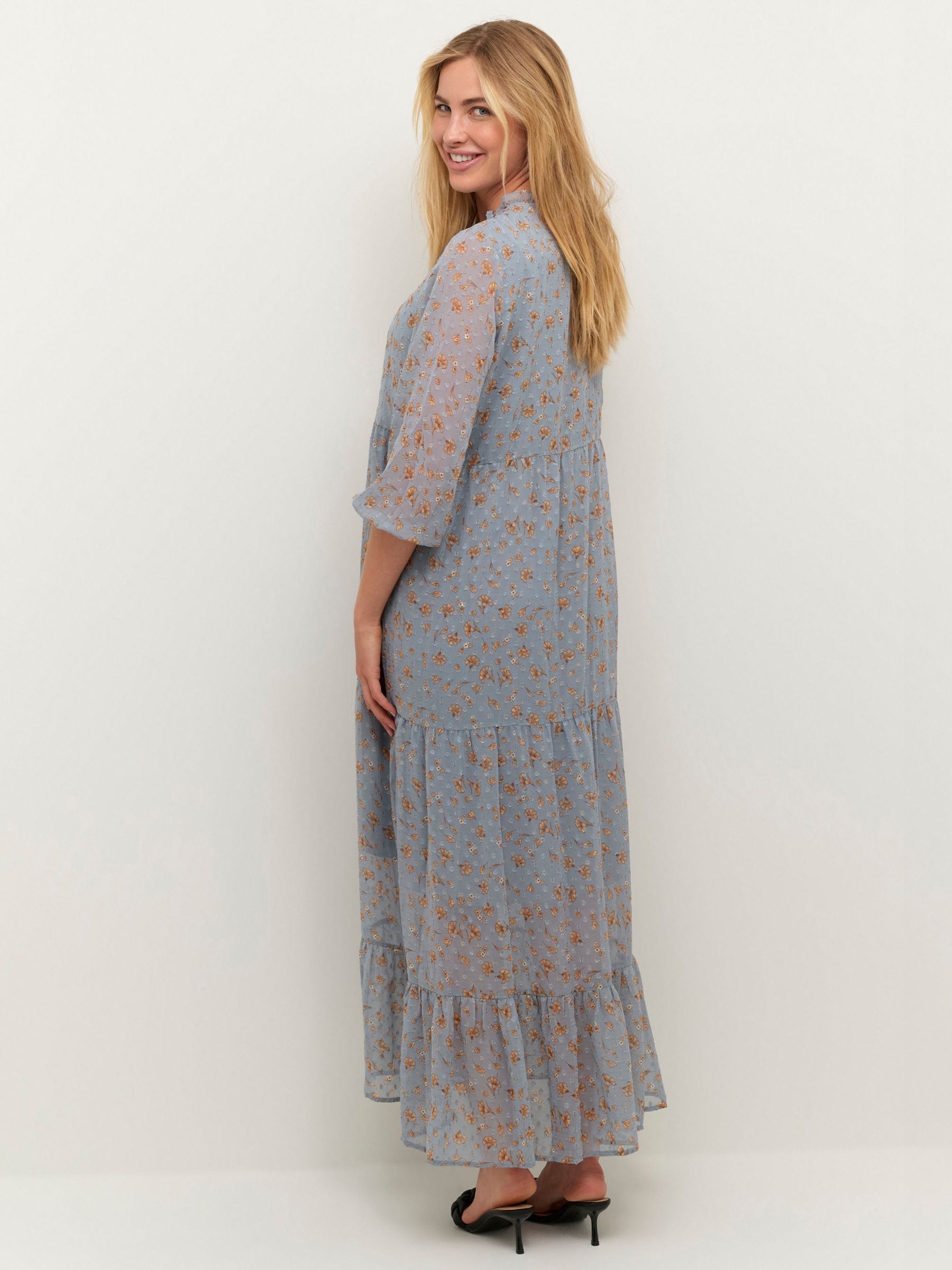 Buy KAFFE Mimi Floral Print Three Quarter Sleeve Maxi Dress, Blue/Gold Online at johnlewis.com