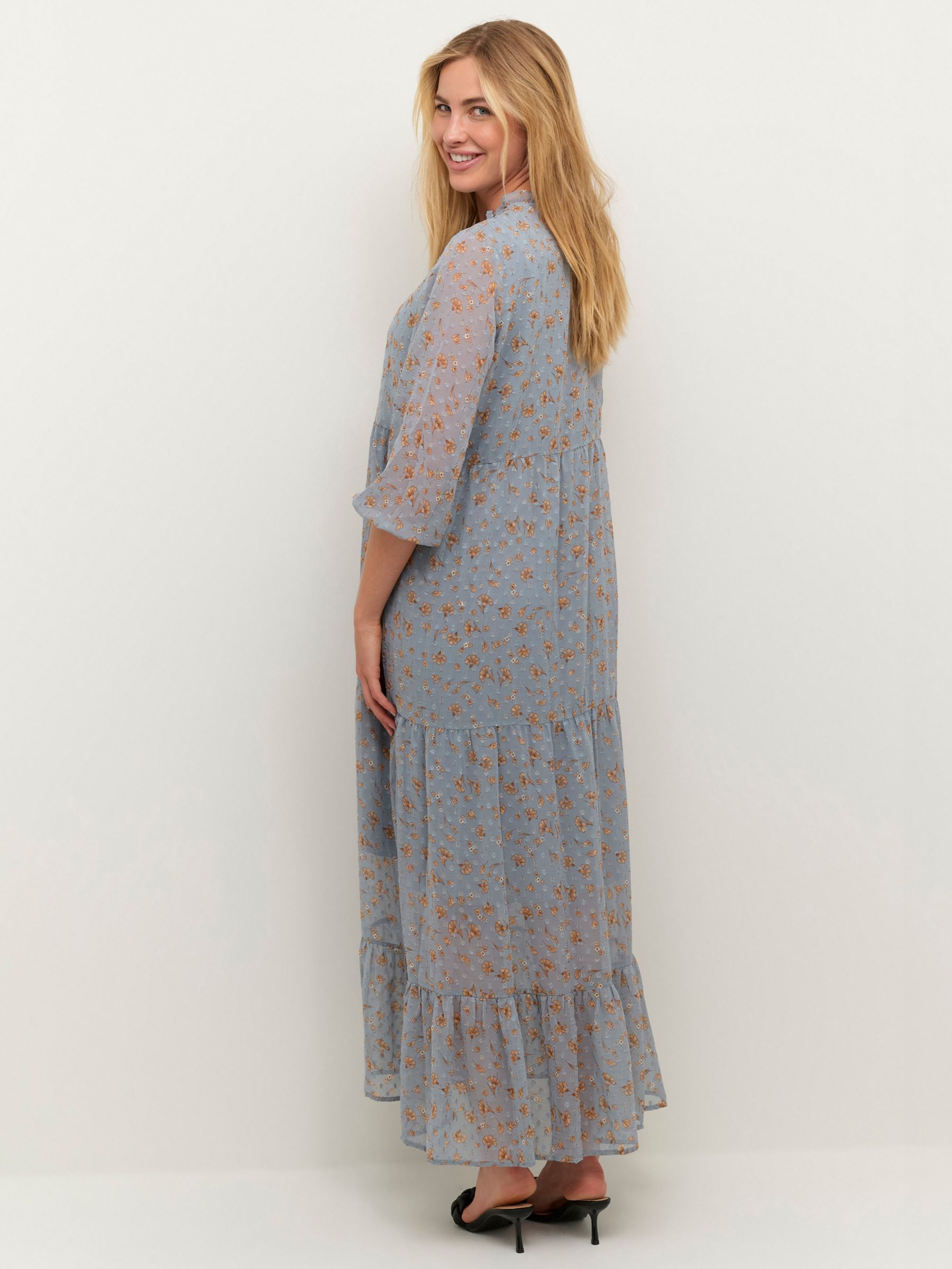 KAFFE Mimi Floral Print Three Quarter Sleeve Maxi Dress, Blue/Gold