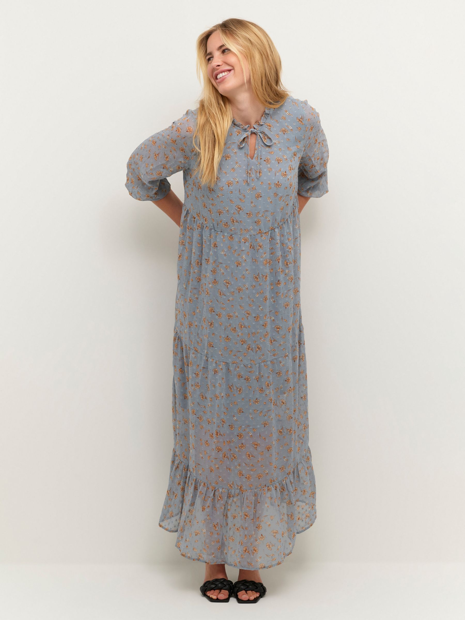 Buy KAFFE Mimi Floral Print Three Quarter Sleeve Maxi Dress, Blue/Gold Online at johnlewis.com