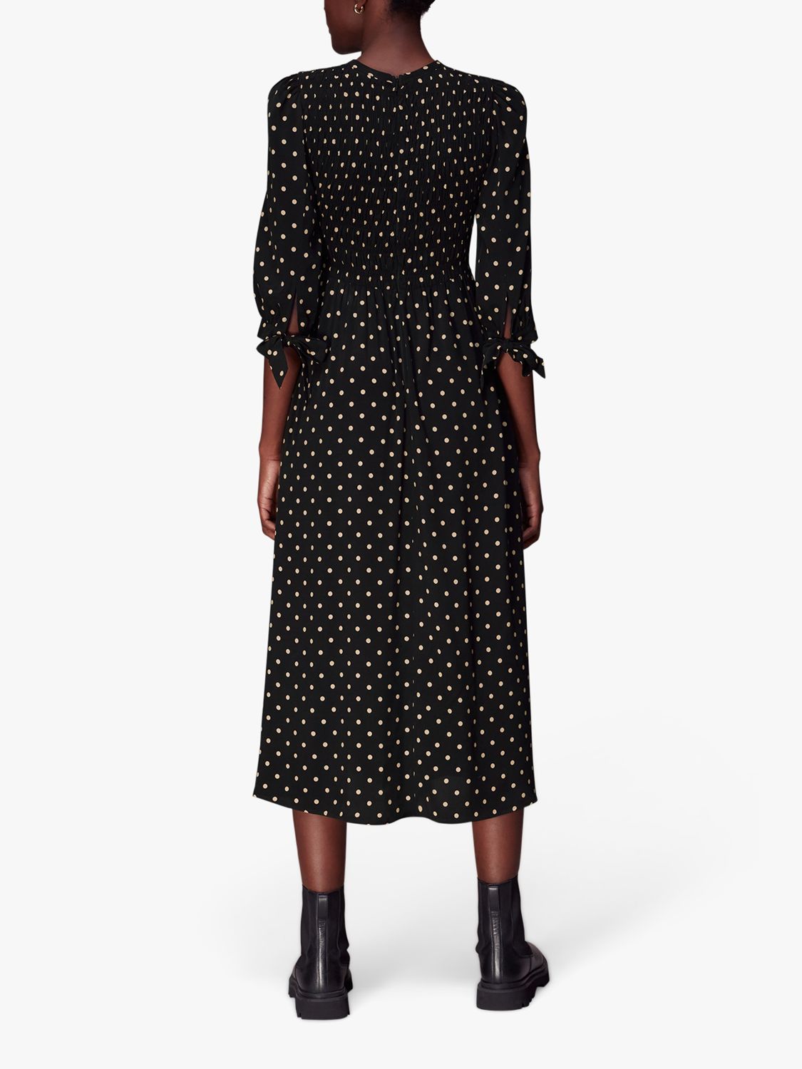 Whistles Shirred Polka Dot Midi Dress, Black/Multi at John Lewis & Partners