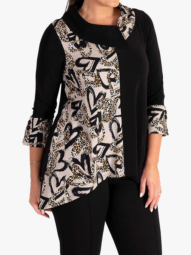 chesca Heart Print Colour Block Top, Black/Stone