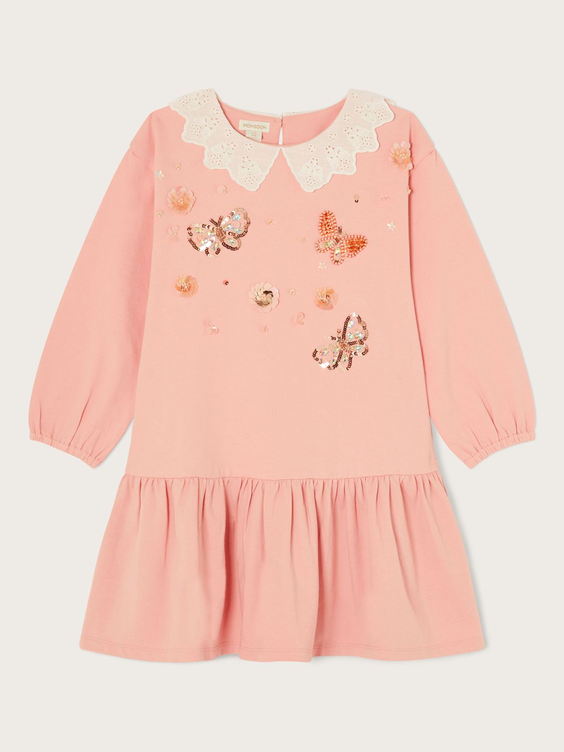 Monsoon Kids' Butterfly Collar Cotton Jersey Dress, Pink