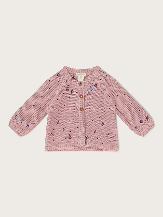Monsoon Baby Pointelle Flower Cardigan, Lilac, 0-3 months