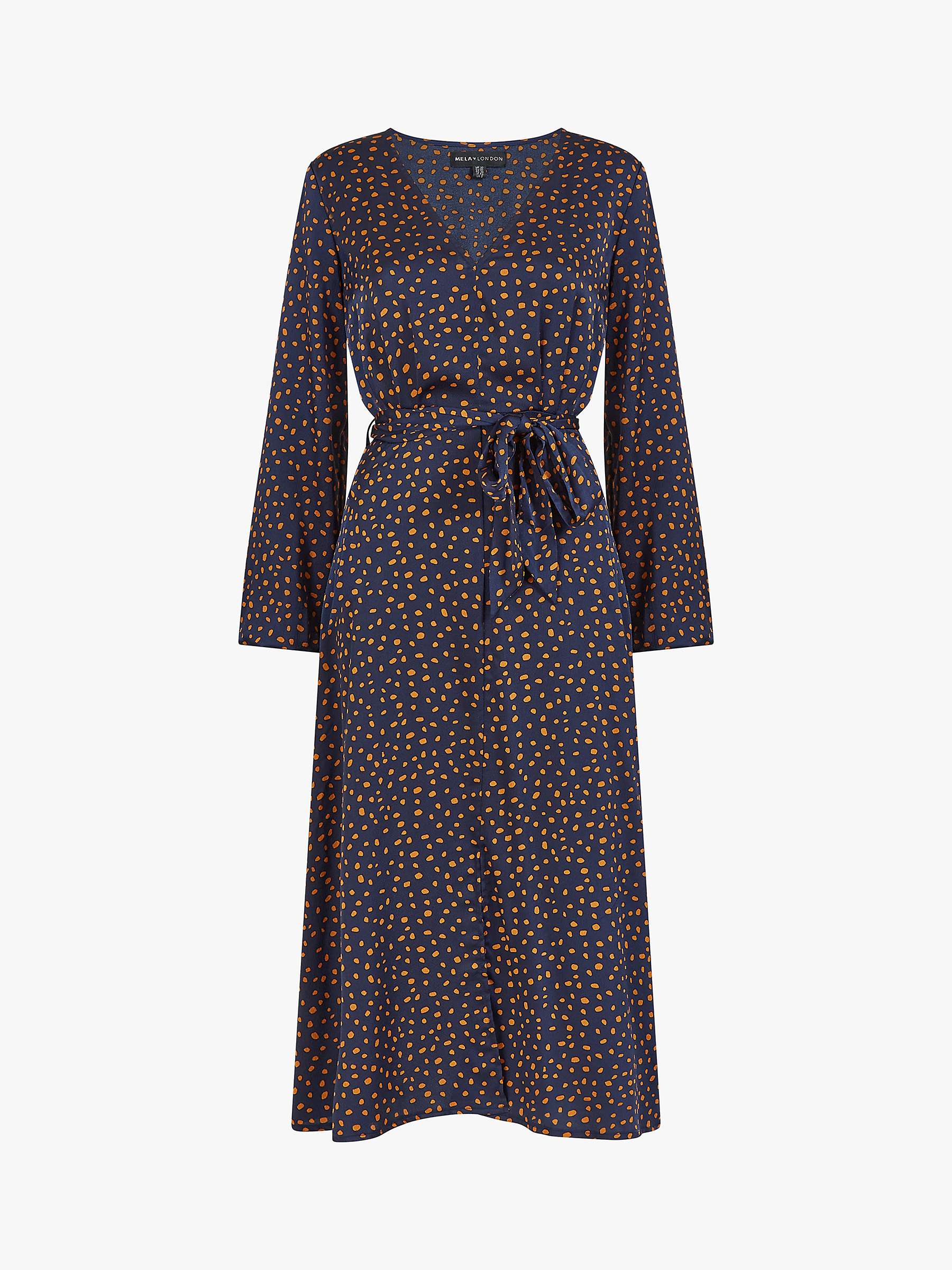 Mela London Satin Dash Print Midi Dress, Navy at John Lewis & Partners