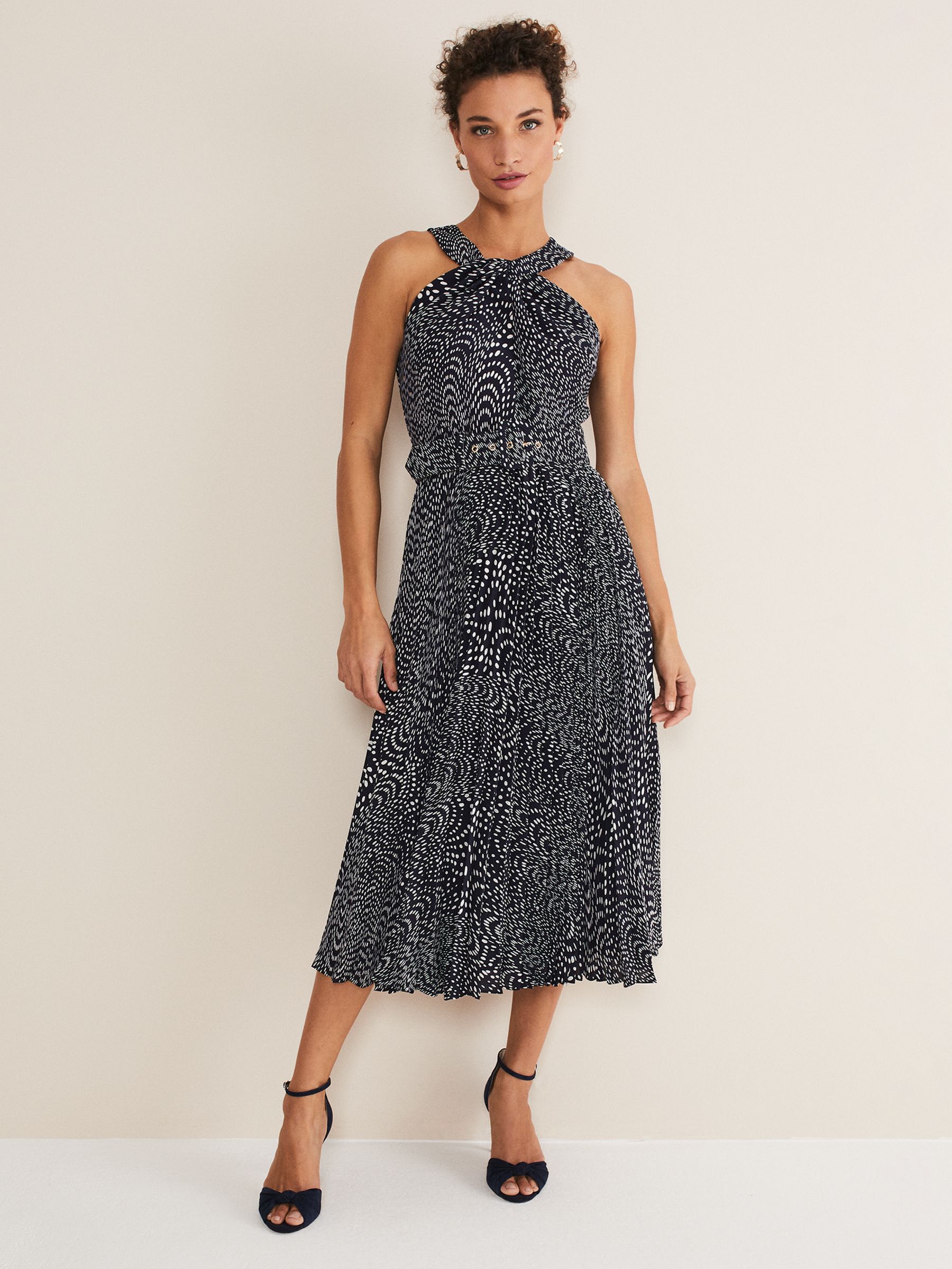 Phase Eight Elsie Spot Print Belted Dress, Navy/Ivory